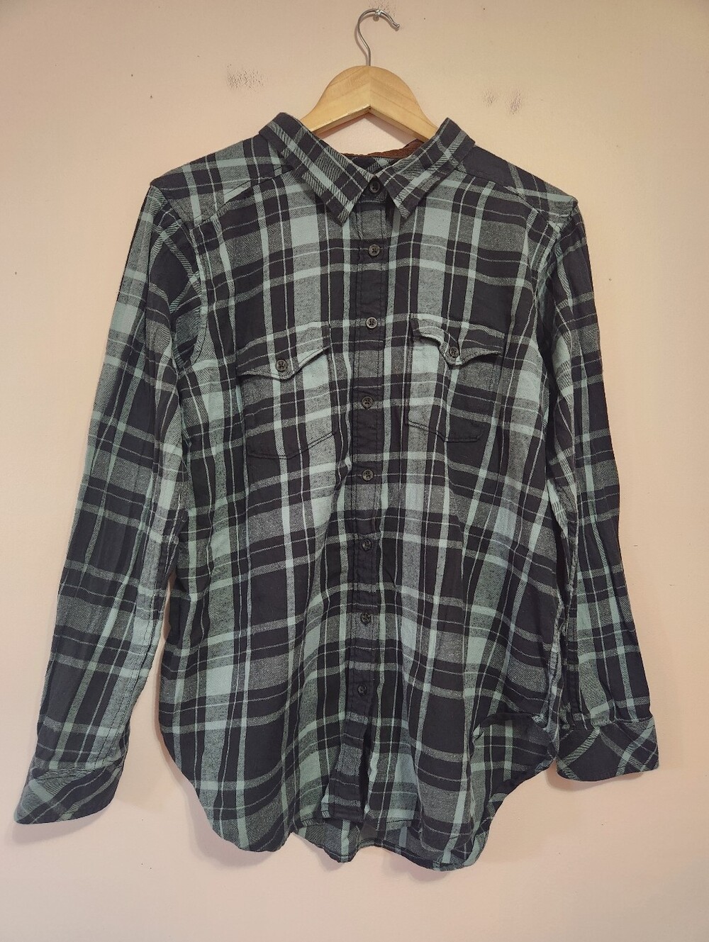 Kavu Plaid Flannel Button Up Shirt Corduroy Elbow Patch Green Black XL Gorpcore